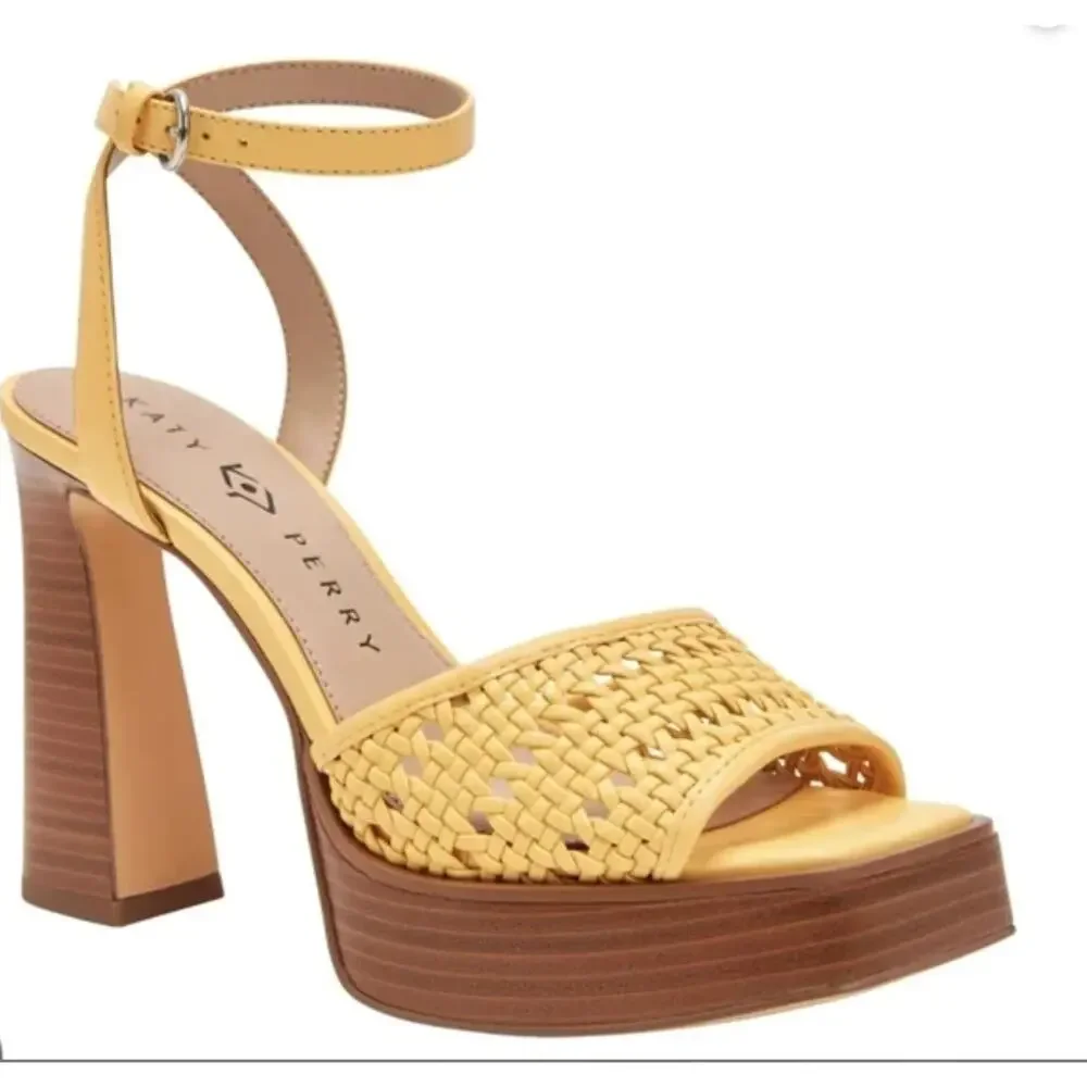 Katy Perry Platform Block Heels Woven Steady Ankle Strap Sandals Yellow 11 M New - Picture 3 of 7